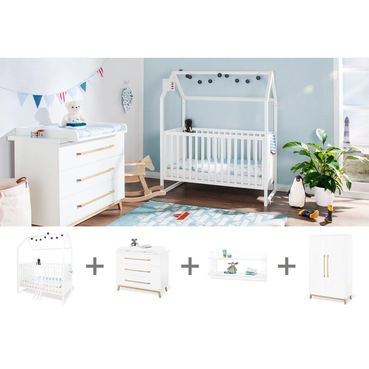 Babykamer combinatie Hilda & Riva: ledikant, commode, 2-deurs kledingkast en wandplank - FamilyStuff